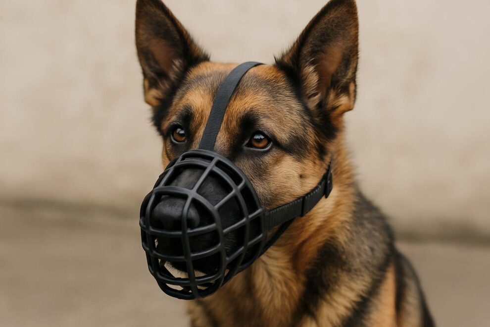 Schäferhund mit Maulkorb